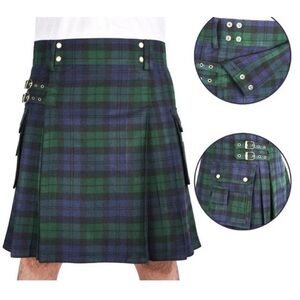 Scottish Kilt Mens 2X Blackwatch Tartan Plaid Highland Buckle Cargo Celtic Punk